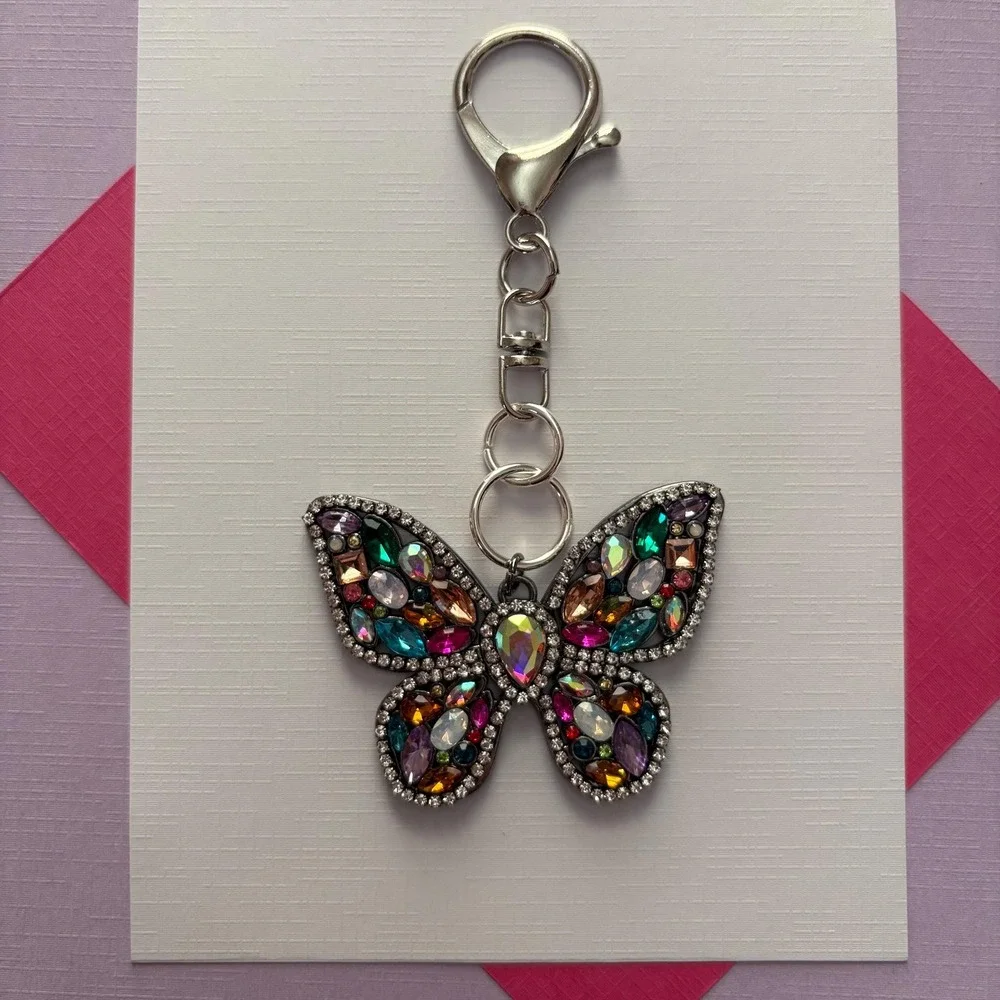 Sparkling Multi Color Rhinestone Butterfly Keychain Purse Charm Bag‎ Accessory